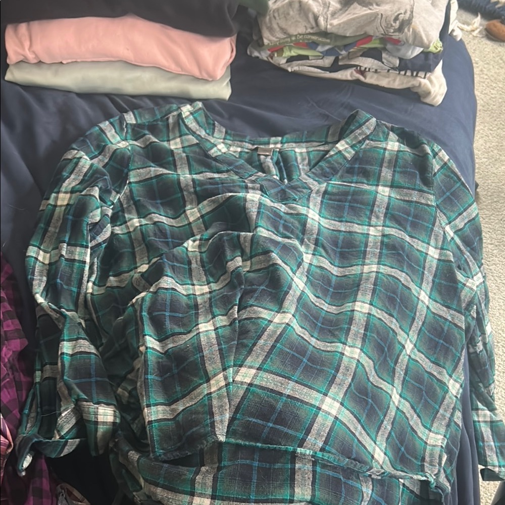 Green and Blue Button Down Shirt with Plaid Design